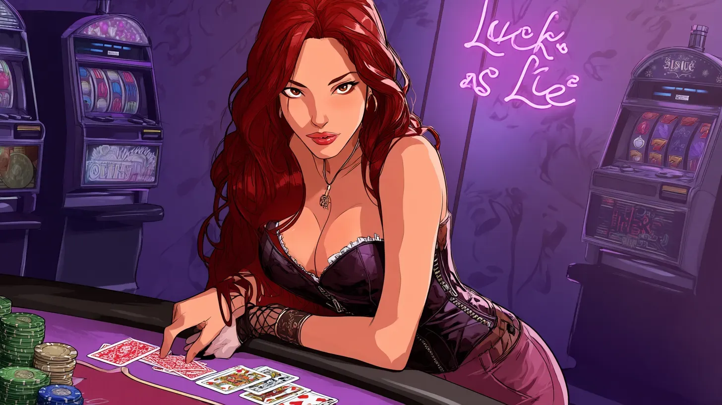 Stylized casino dealer with cards and chips